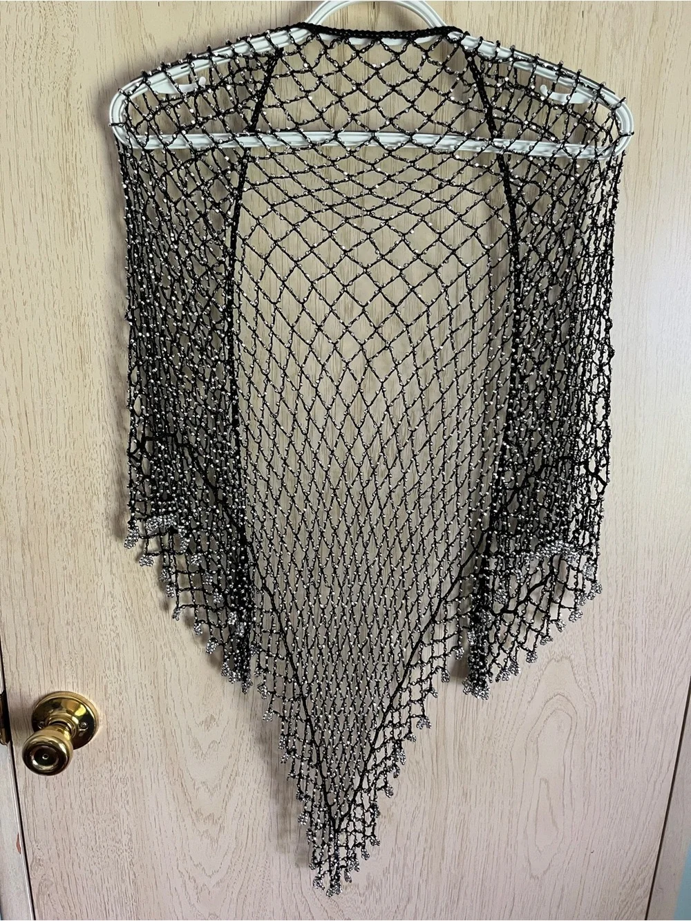 SILVER BEADED Fishnet Crochet Black CROCHET Boho Shawl